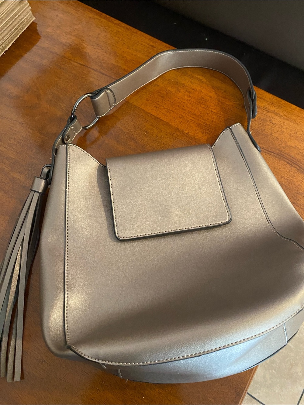 Women's Metallic Gray Shoulder Bag with Tassel